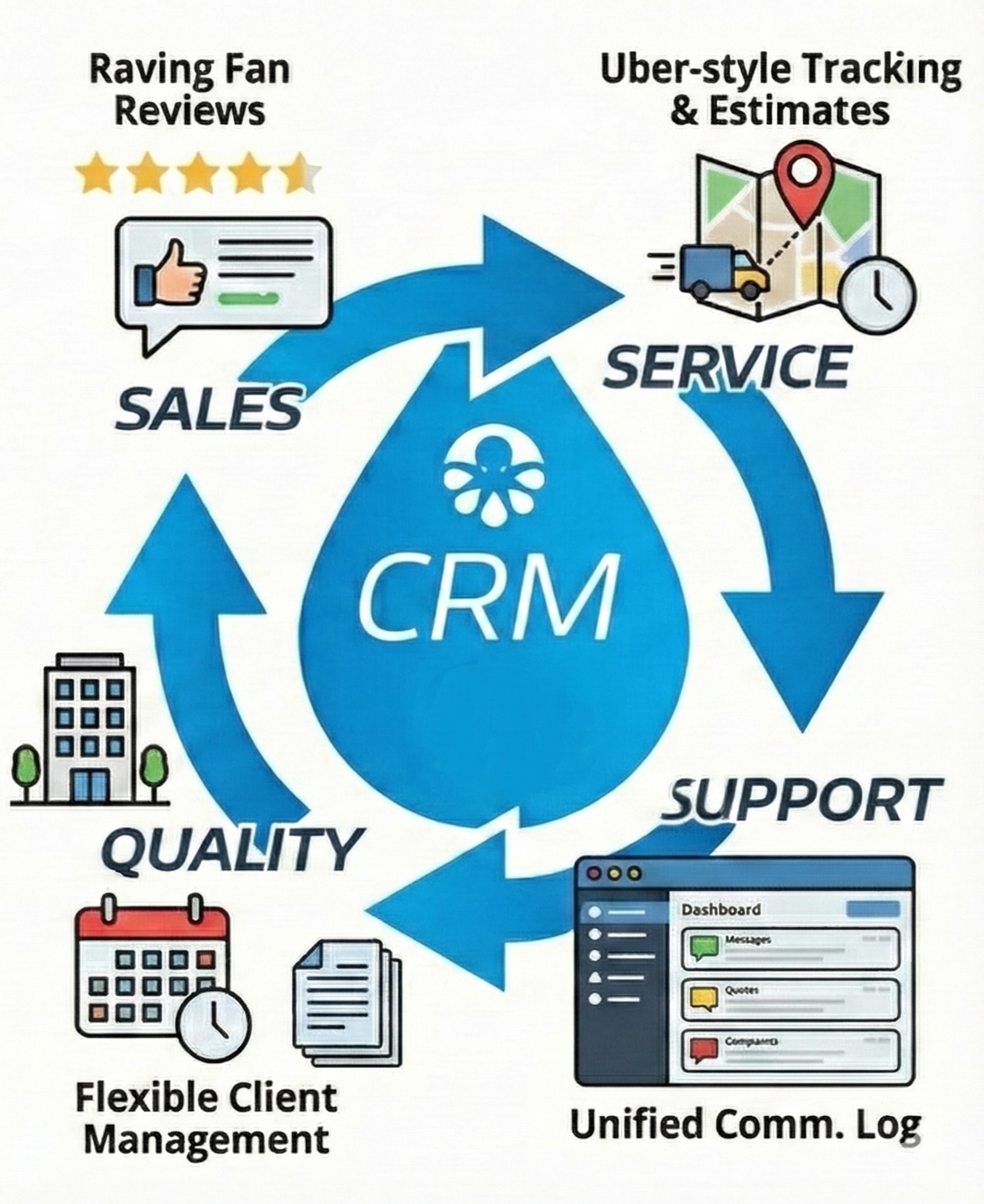CRM cycle connecting sales, service, support and quality workflows