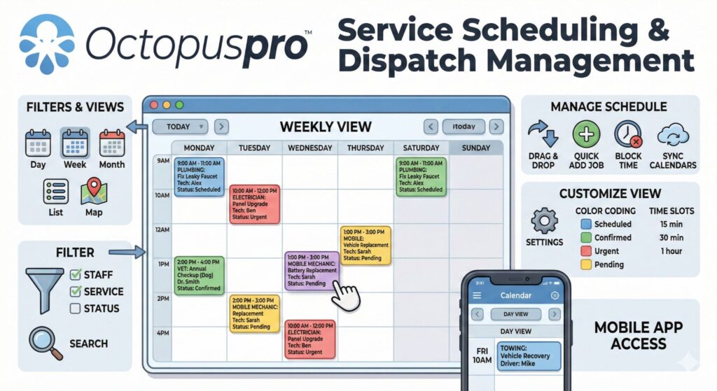 Service scheduling and dispatch management calendar for repair IT and security teams