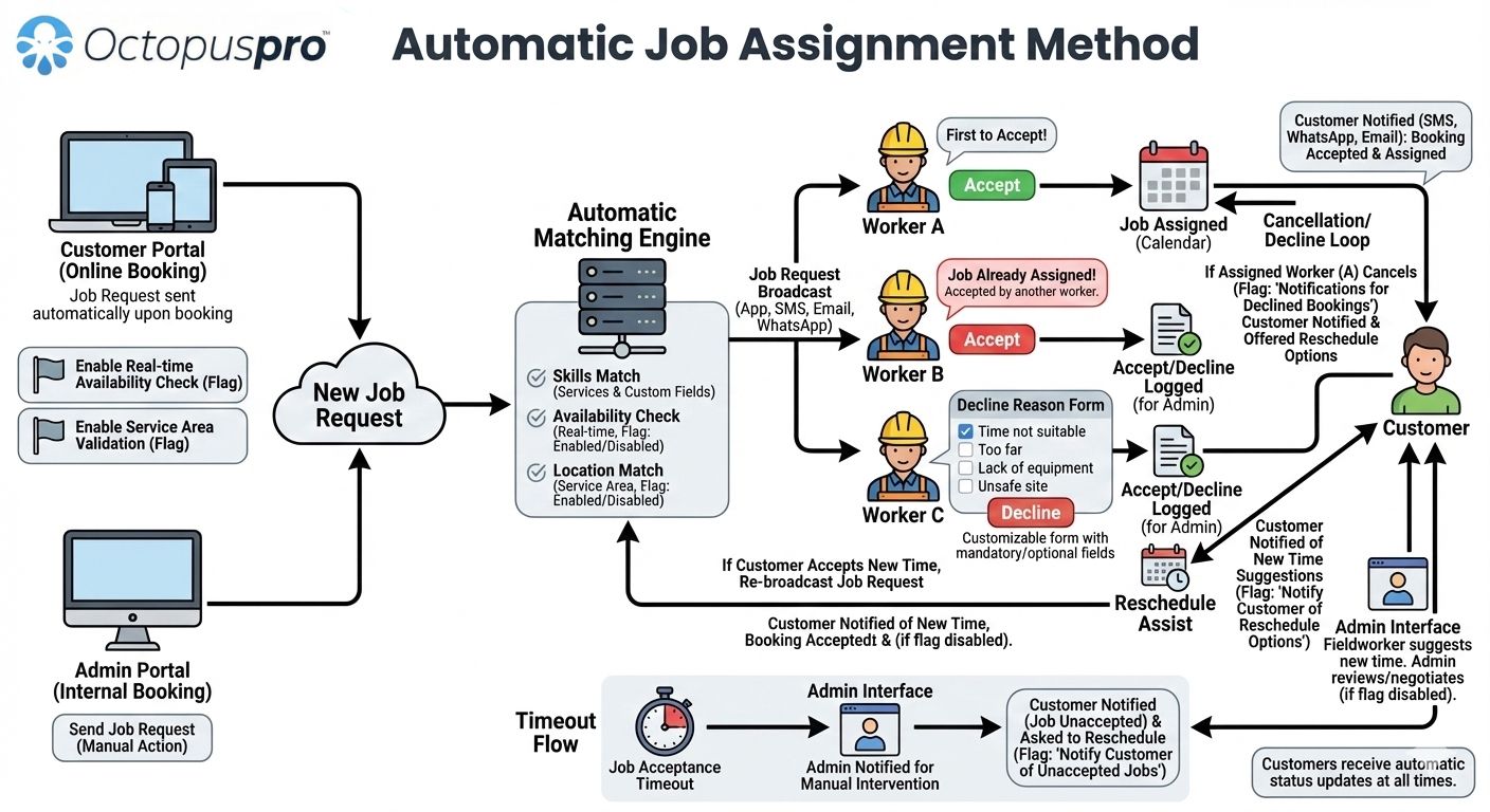Automatic job assignment and dispatch Automatic job assignment and dispatch workflow