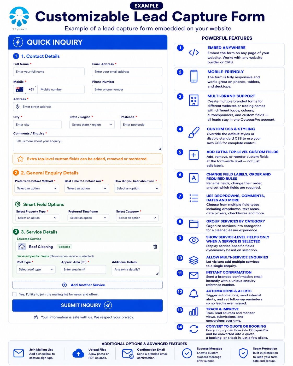 Customisable lead capture form example showing branded styling and configurable fields for an OctopusPro website inquiry form