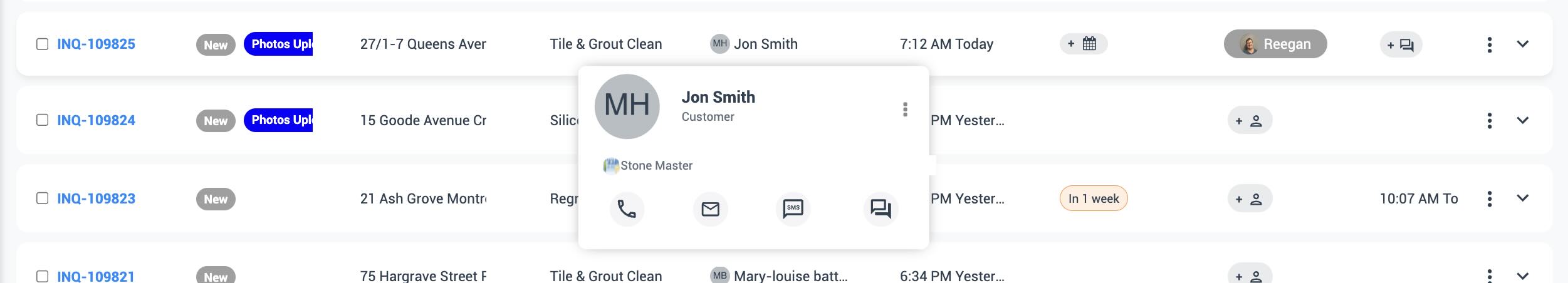 OctopusPro contact customer popup from inquiry listing