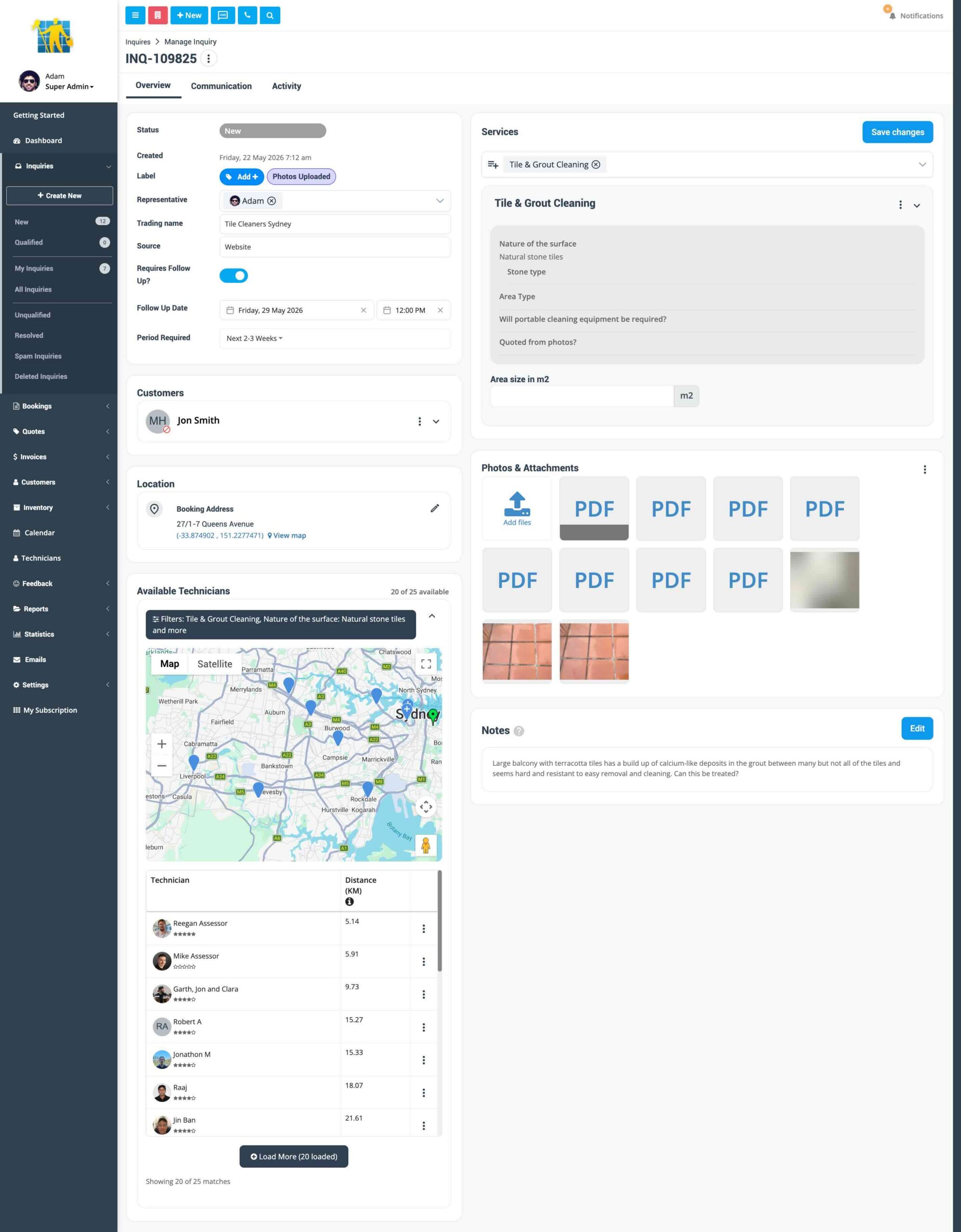 OctopusPro inquiry details page with customer details, services, owner, status, labels, notes and history