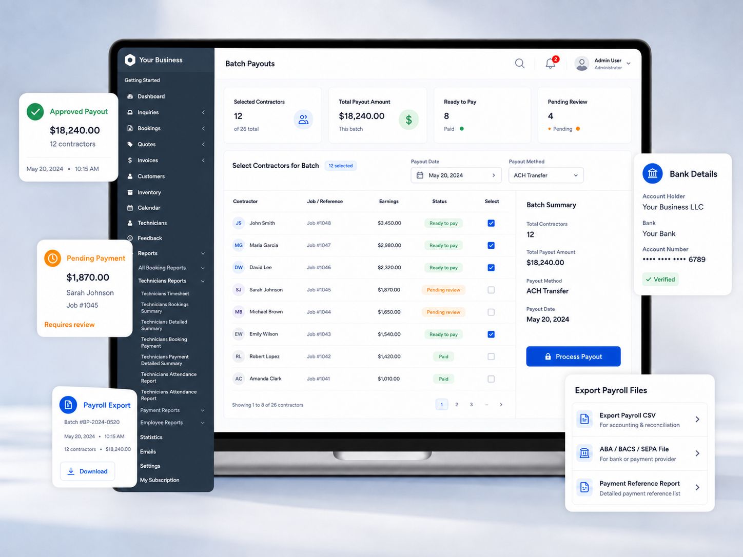OctopusPro batch payout processing screen for selecting contractors, reviewing ready-to-pay and pending-review payouts, verifying bank details and exporting payroll files