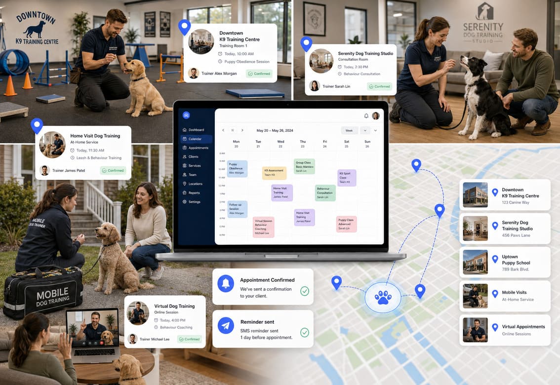 Dog training and K9 training scheduling software for private sessions, puppy classes and trainer scheduling