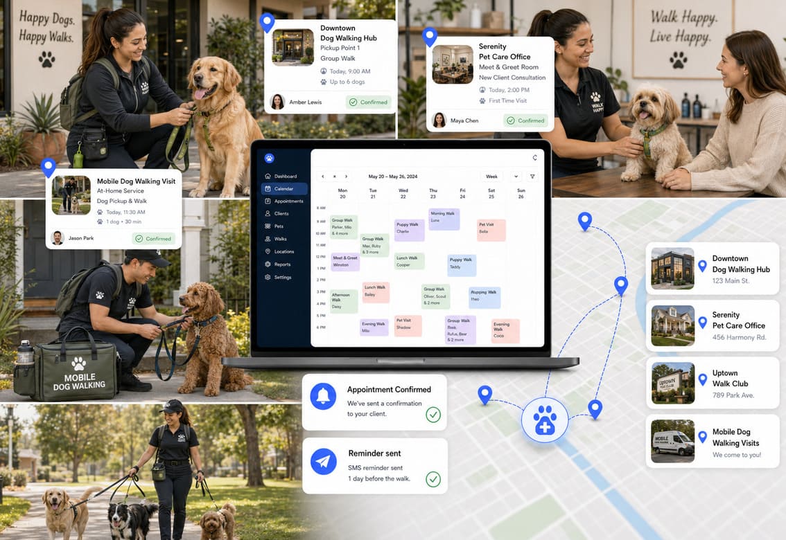 Dog walking scheduling software booking locations and service areas