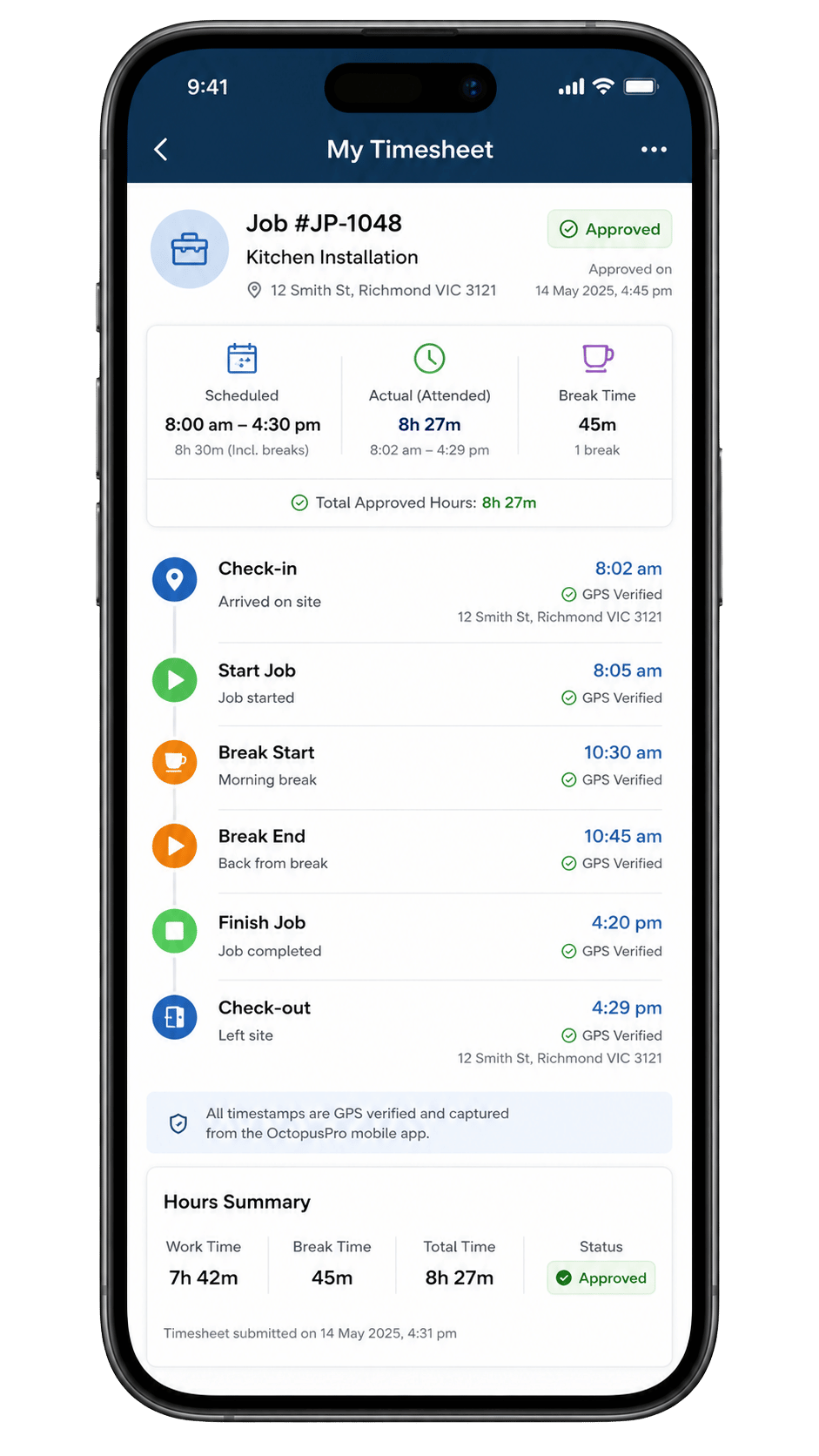 Fieldworker App timesheet screen showing attended hours, job activity and payroll-ready time records