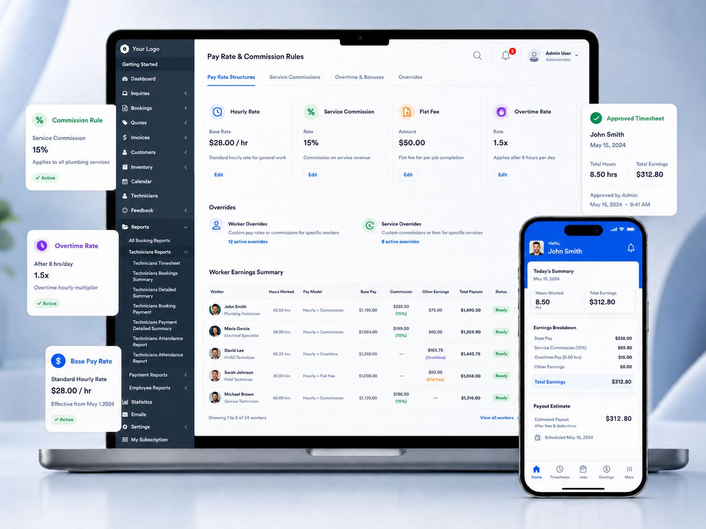 OctopusPro pay rate and commission rules dashboard showing hourly rates, service commissions, flat fees, overtime rates, worker overrides, service overrides and worker earnings summary
