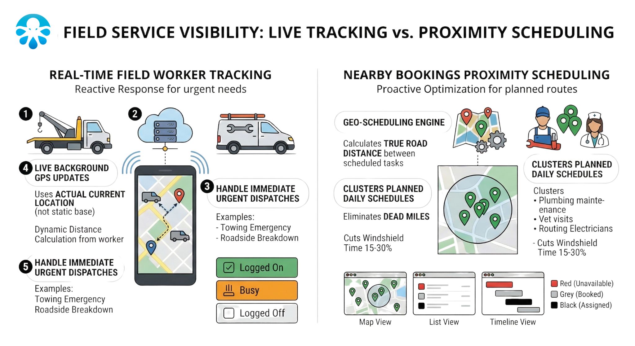Live tracking versus proximity scheduling diagram