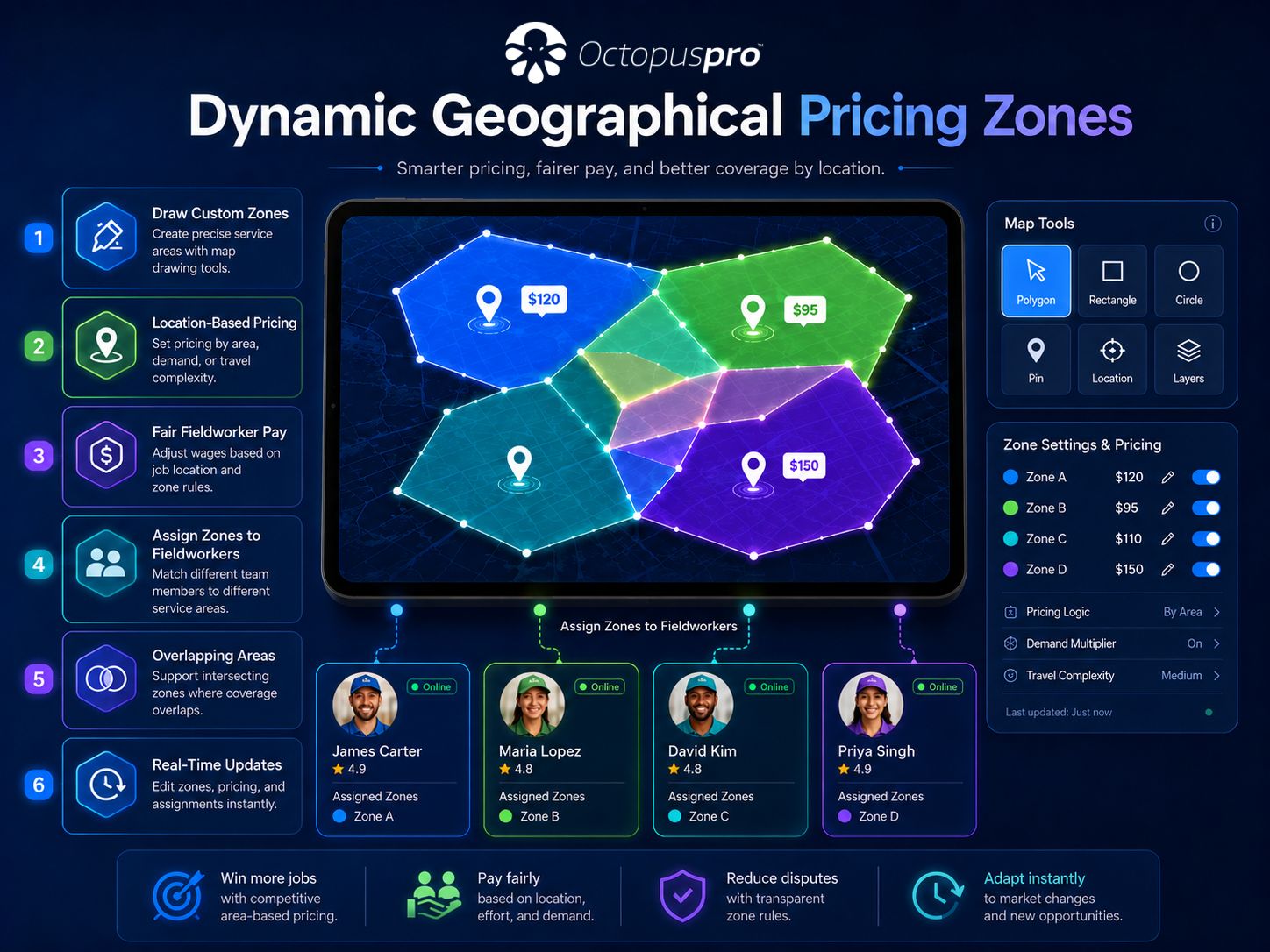 OctopusPro dynamic geographical pricing zones dashboard with map drawing tools, location-based pricing, overlapping areas and fieldworker zone assignment