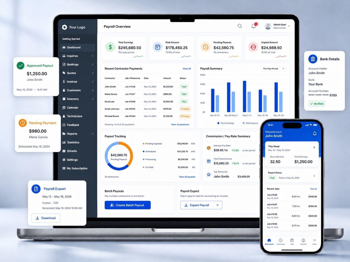OctopusPro payroll overview dashboard showing total earnings, paid amount, pending payouts, unpaid amount, payout tracking, recent contractor payments, payroll export and mobile earnings visibility