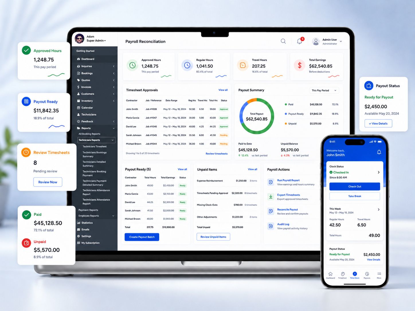 OctopusPro payroll reconciliation dashboard showing approved hours, regular hours, travel hours, total earnings, timesheet approvals, payout summary, unpaid items and payroll actions