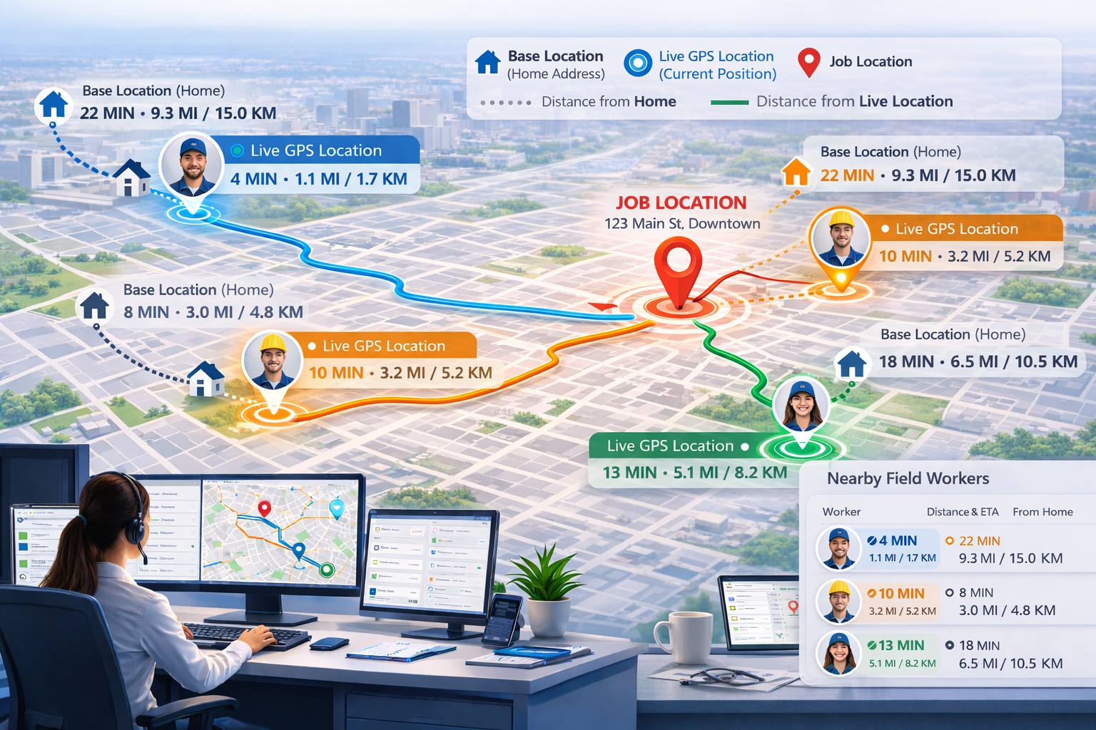 Real-time fieldworker location tracking map diagram