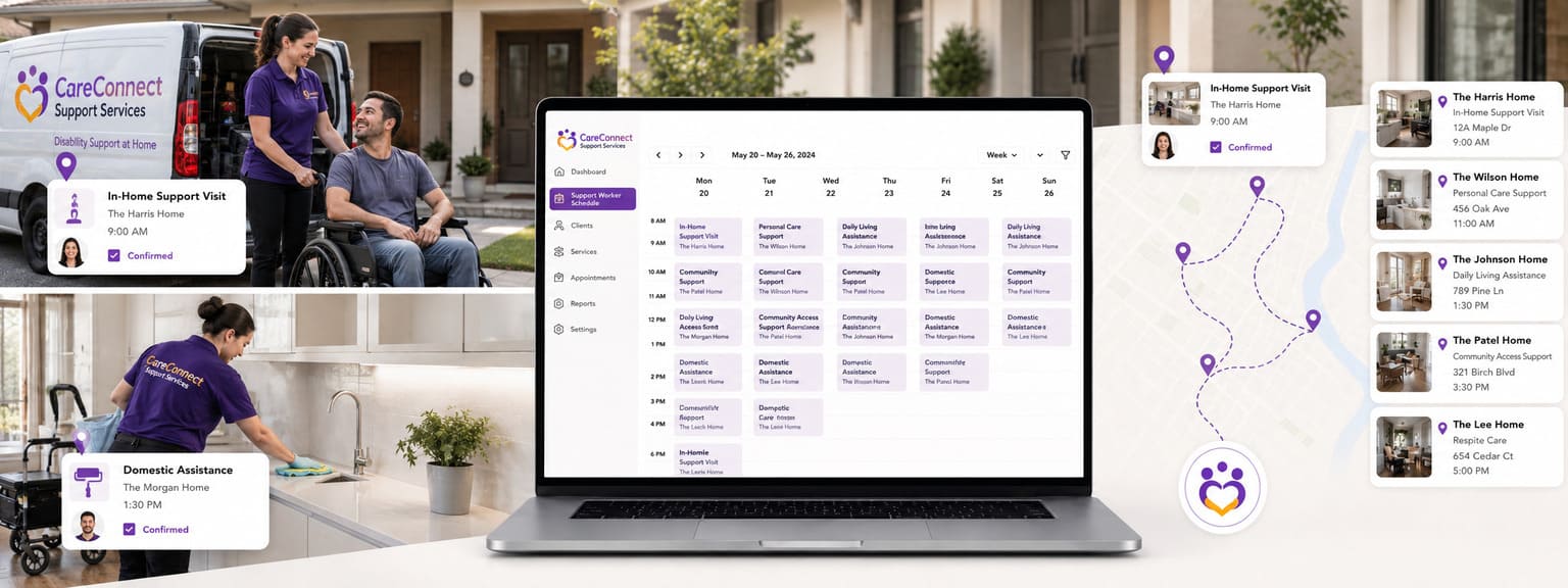 Mobile Disability Support Services Scheduling Software Participant Homes, Client Addresses, Supported Living Locations, Group Homes, and Community Locations