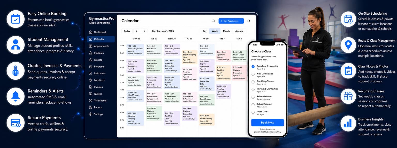 Gymnastics Class Services Scheduling Software Features
